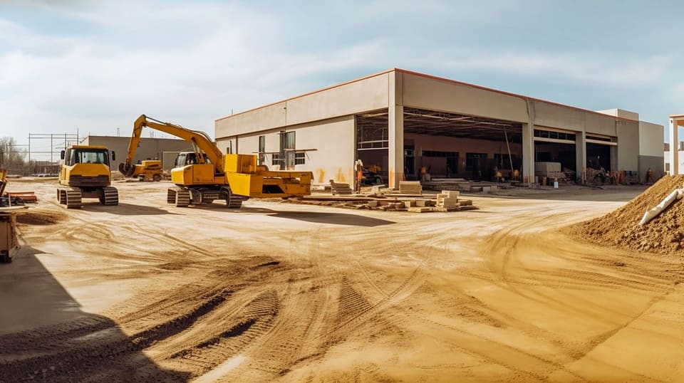 Capannone commerciale in costruzione con mezzi di cantiere
